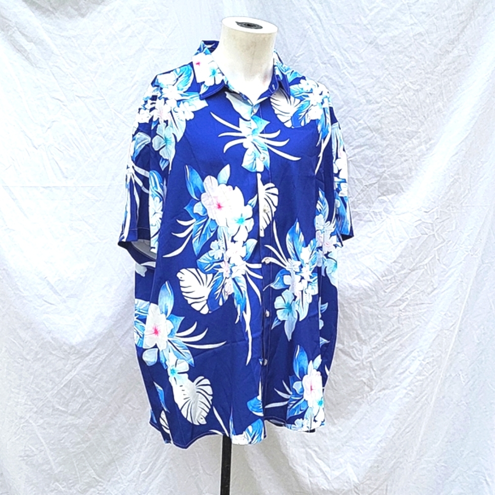 Men's Hawaiian shirt, blue floral, short sleeves, 4XL, beach, vaca, big & tall